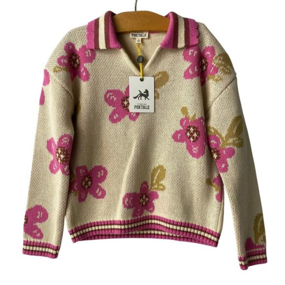 Finding Foxtale Floral Sweater Girls Size 7 Pink Cottagecore‎ Sport Stripes NWT